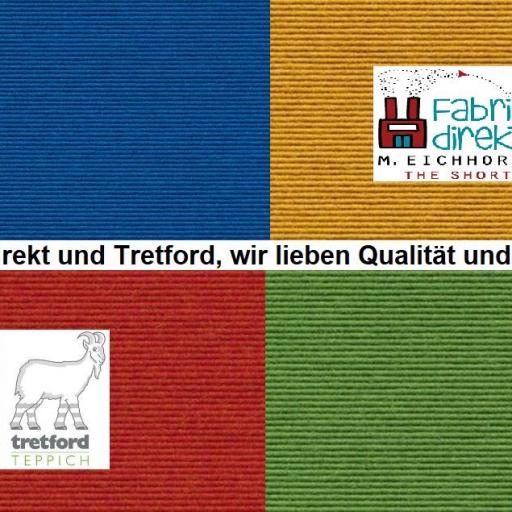 "tretford Teppich Farbmuster in Blau, Gelb, Rot und Grün mit Logos von Fabrik direkt und tretford – Wir lieben Qualität und Farben!"